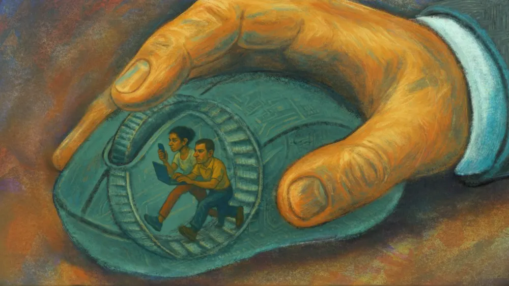 Two people running inside a wheel held by a giant hand