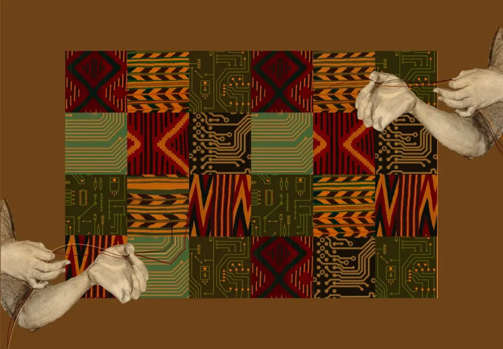 Hands weaving a cloth of circuit boards and textile patterns