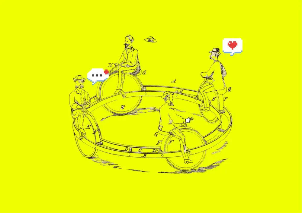Four Victorian cyclists riding a circular multi-seat bicycle, exchanging chat bubbles