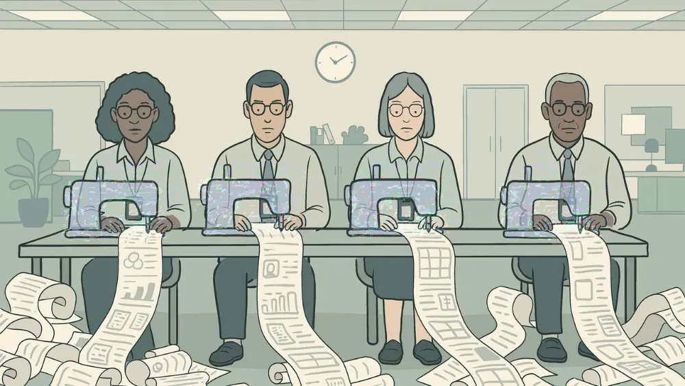 Rows of workers at desks feeding a digital machine