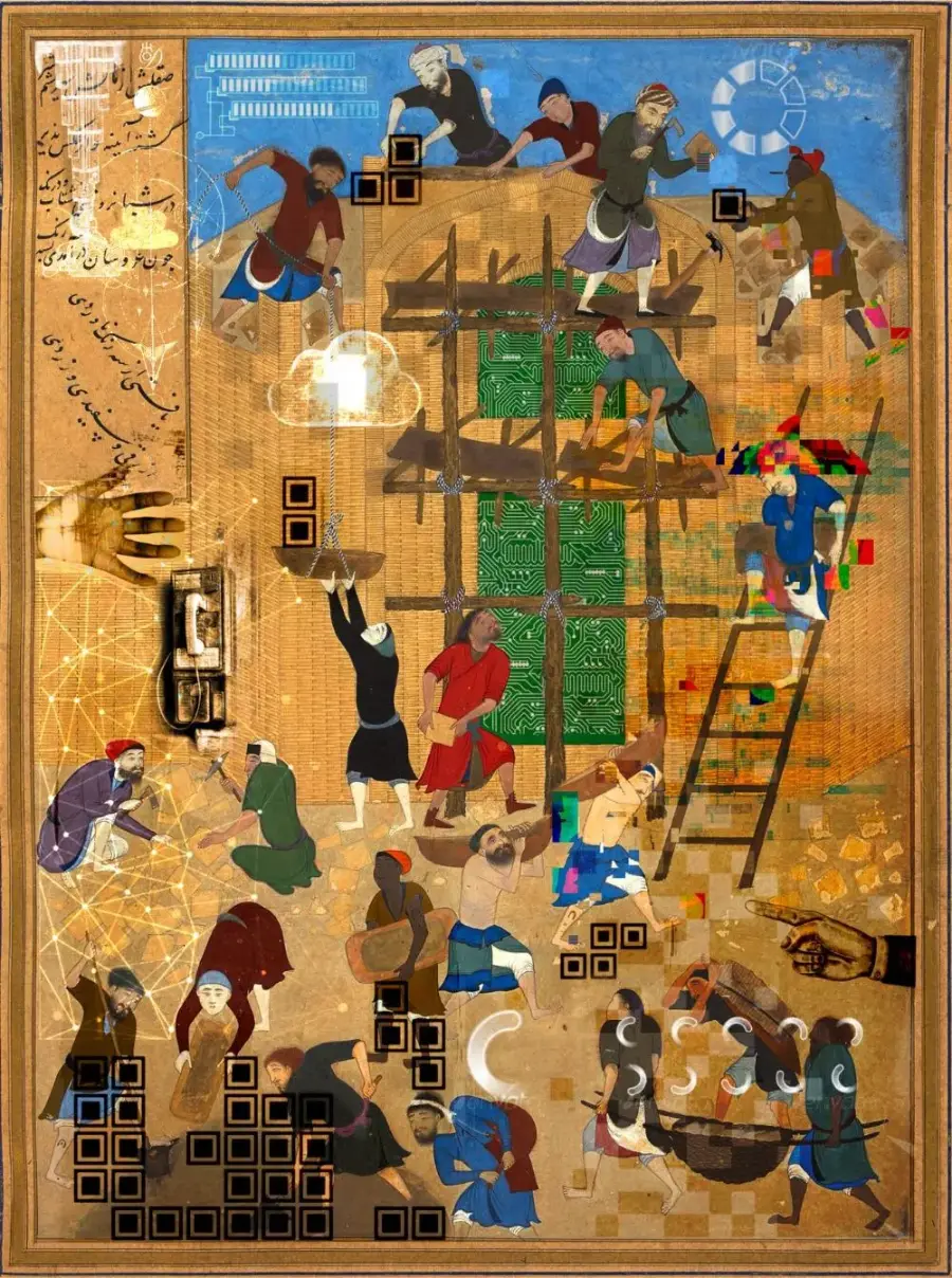 Persian miniature of builders on scaffolding, collaged with circuit boards and pixel glitches
